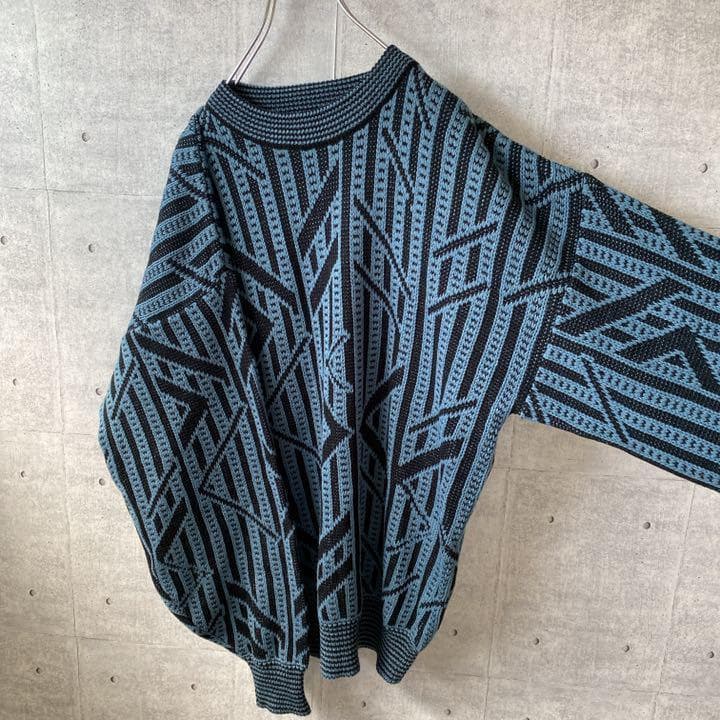 売れ筋ランキングも US古着 くすみブルー 総柄 クルーネック ニット