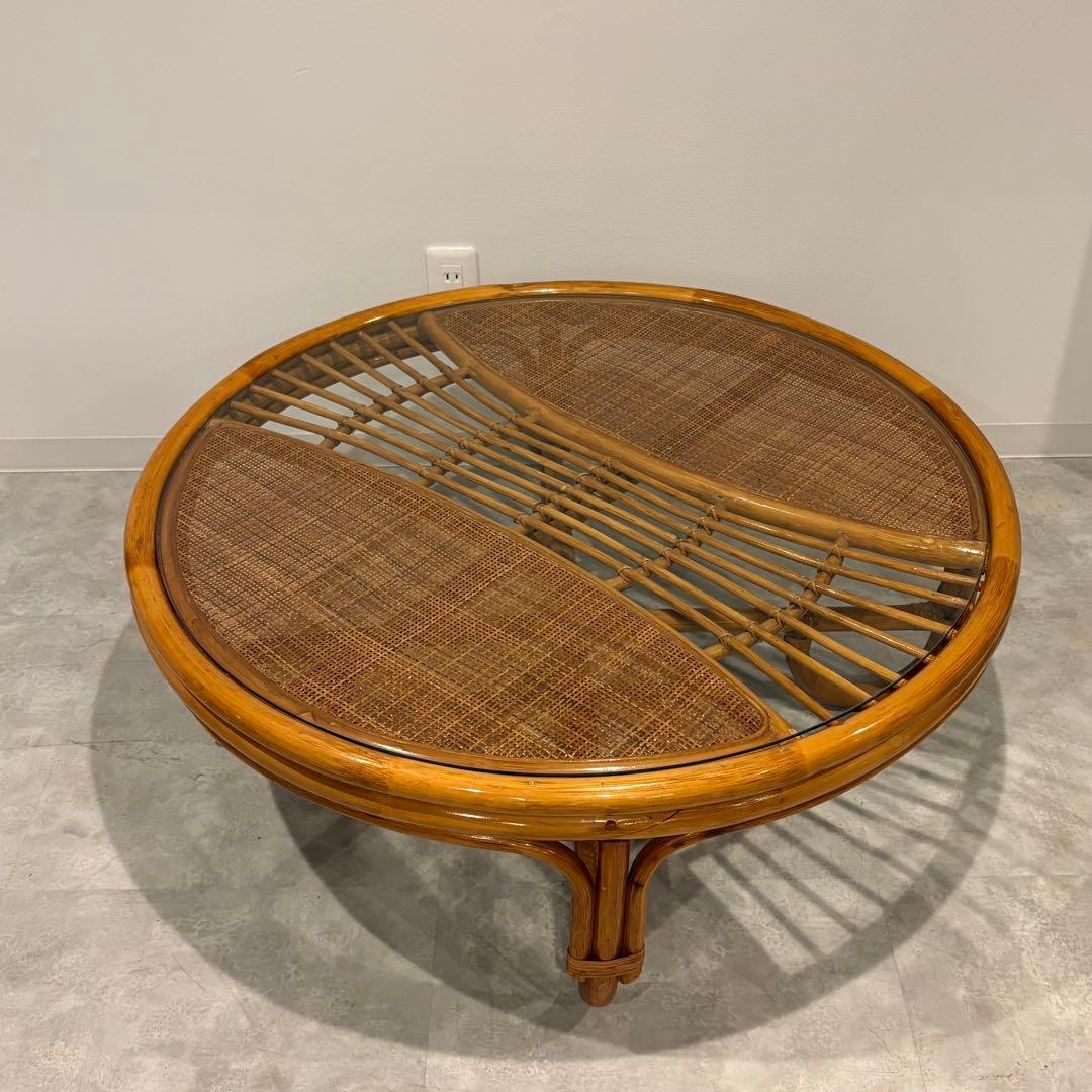 ヴィンテージ 丸ガラス ラタンテーブル 籐 ラウンド コーヒーテーブル 籐家具