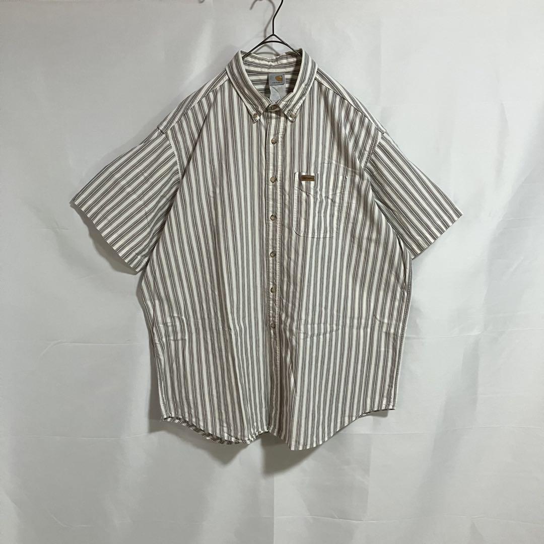 【90’ カーハート/半袖ワークストライプシャツ】2XL/白茶紺/全体的色落ち有