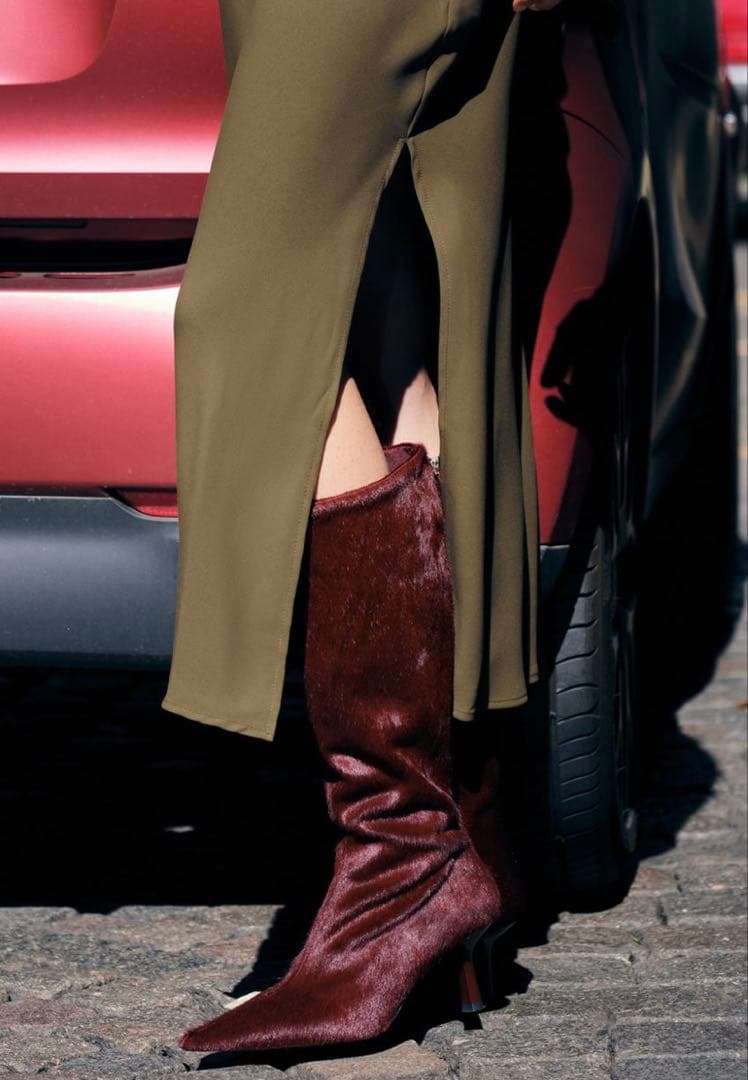 ZARA 新品　レザーブーツ　COWファーレザー ボルドー　38