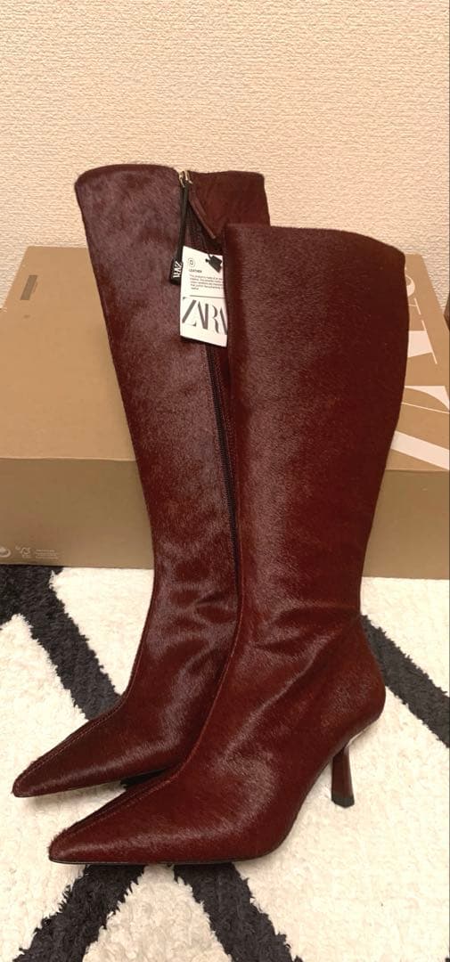ZARA 新品　レザーブーツ　COWファーレザー ボルドー　38