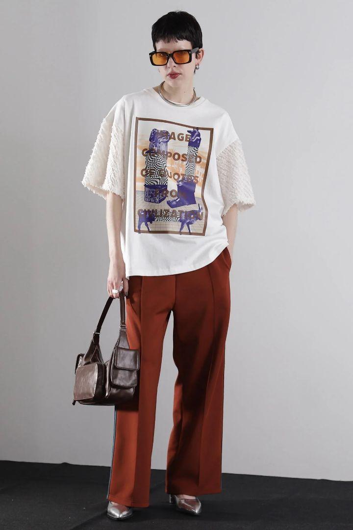 ROSE BUD （ローズバッド）異素材スリーブグラフィックTシャツホワイト