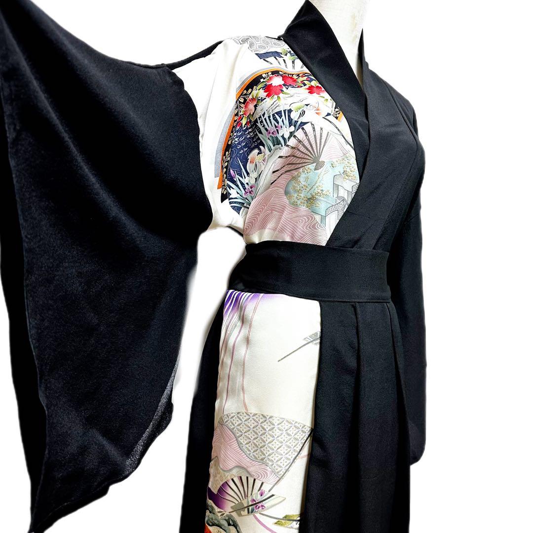 留袖×振袖　着物リメイク　ドレス　刺繍豪華孔雀　和柄　ハンドメイド　ワンピース