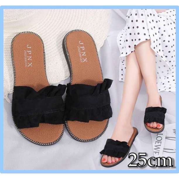 黒 ペタンコサンダル フリルサンダル フラットサンダル 24cm 38 | fpac