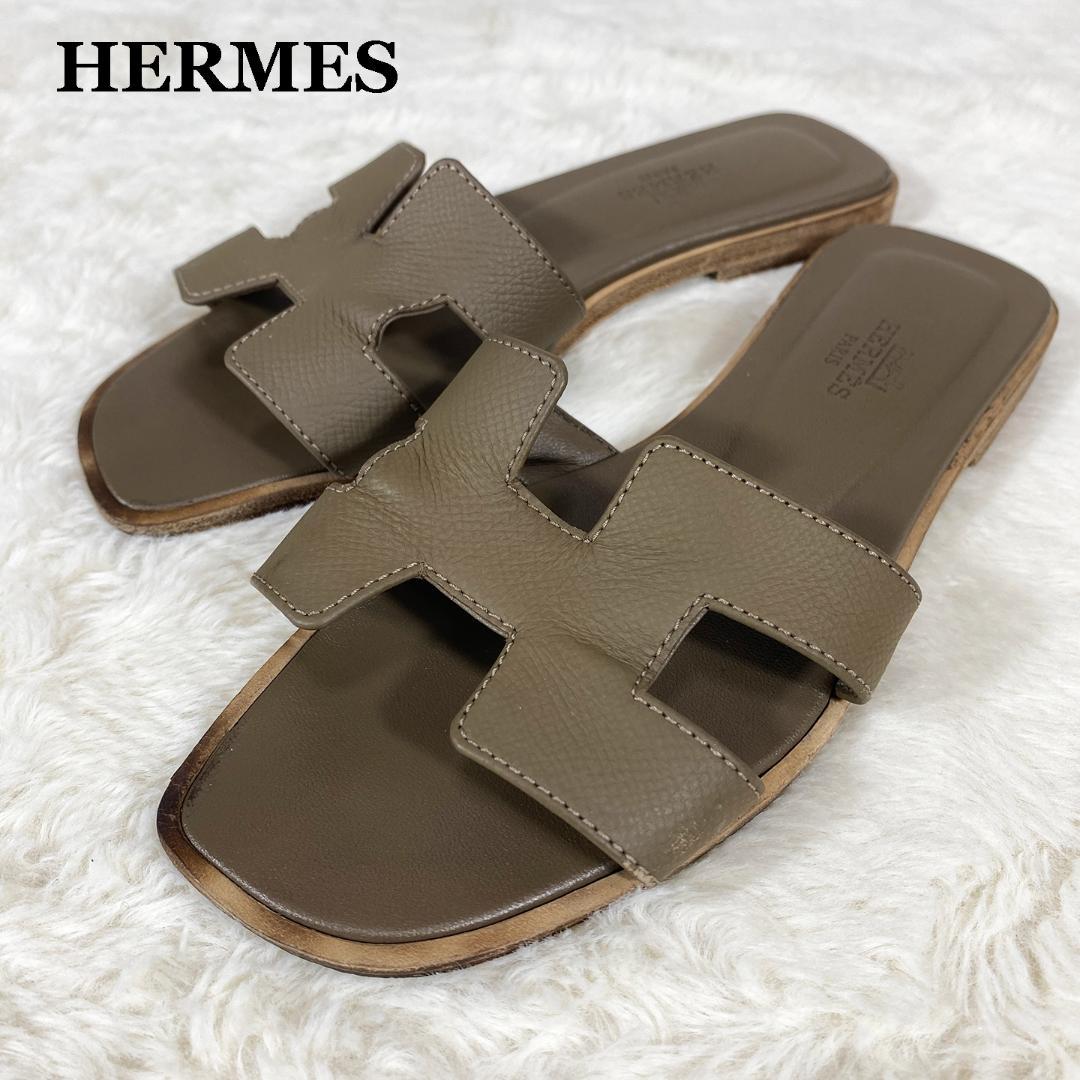 HERMES オラン エトゥープ レザー エプソン サンダル 34 1/2