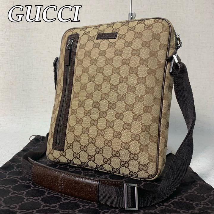 47B46|美品|グッチ GG ショルダーバッグ キャンバス×本革 ブラウン
