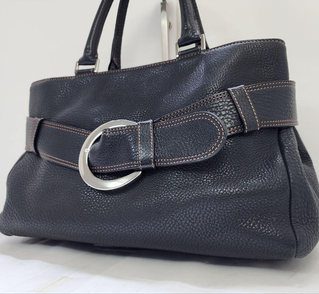 【極美品】キタムラ ハンドバッグ レザー ステッチ シルバー金具 バックル 黒