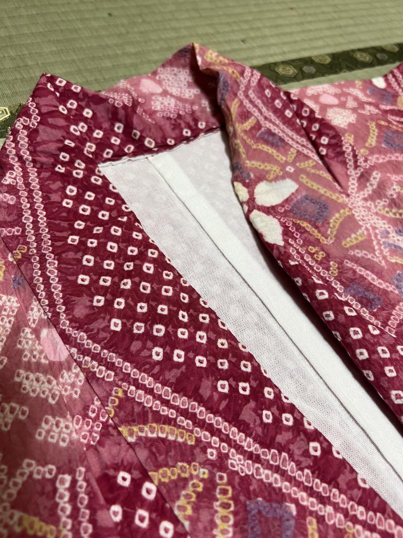 【美品】総絞りの赤ピンク紫花柄浴衣（夏の着物にも）