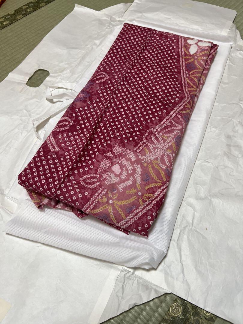 【美品】総絞りの赤ピンク紫花柄浴衣（夏の着物にも）