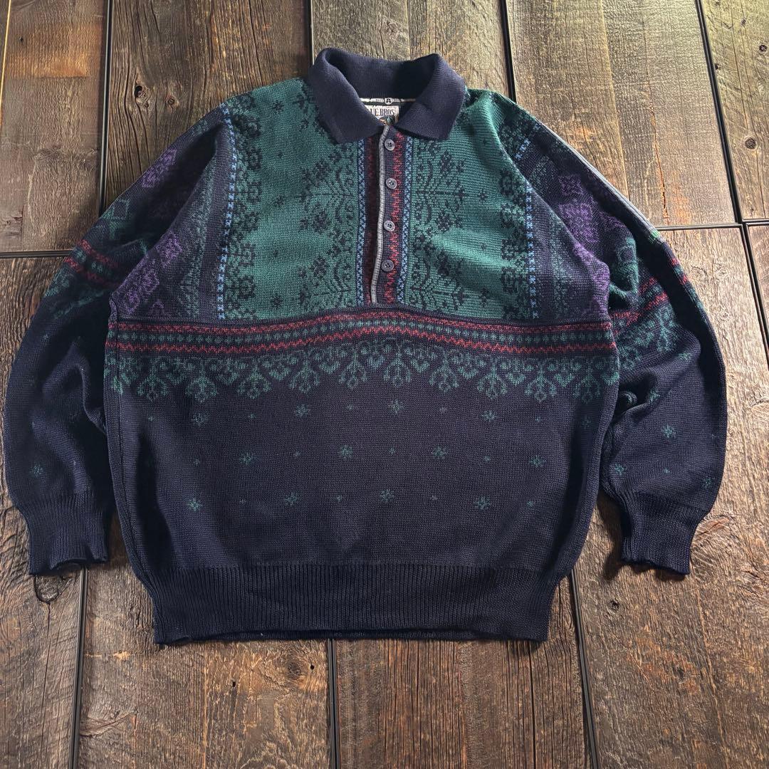 古着 総柄ニットポロ ハーフボタンニット ネイビー イタリア製 ユーロ LL VINTAGE