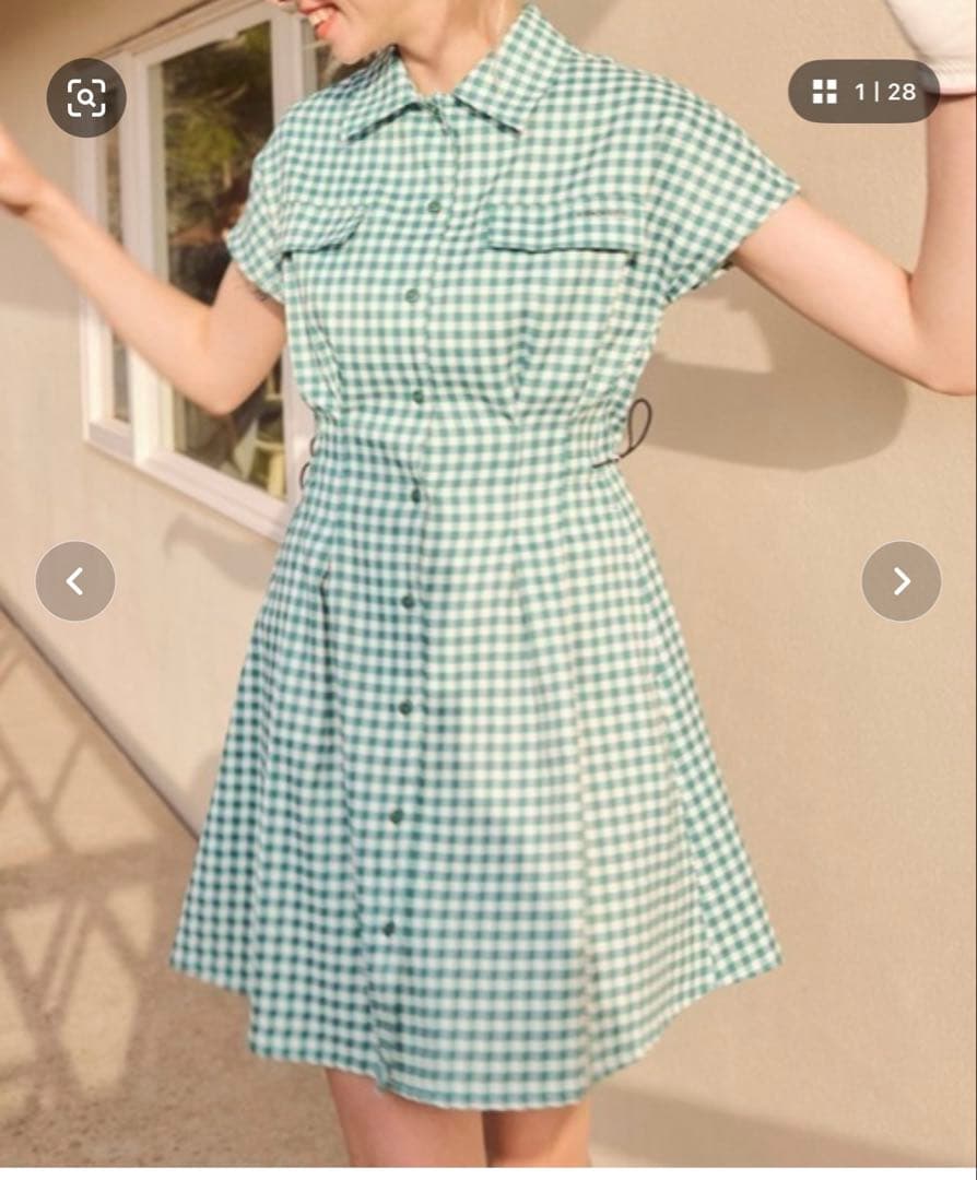 緑と白のチェック柄 半袖シャツワンピース