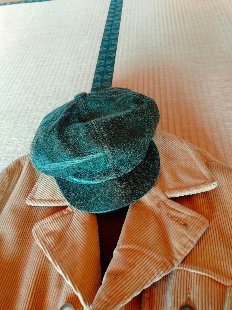 キャスケット ハンチング 古着 ヴィンテージ レザー 黒 ブラック傷や汚れあり