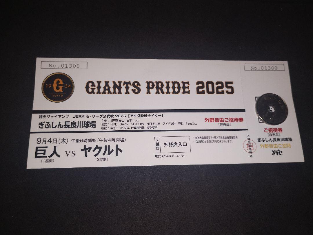 ９月４日 長良川球場 巨人VSヤクルト 観戦チケット纏めて５枚（バラ可能）