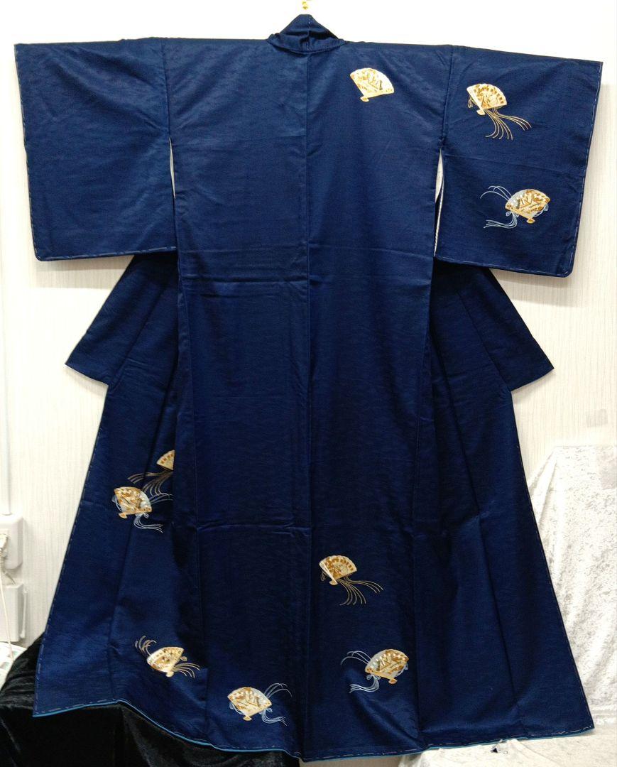 未使用 訪問着 着物 和装 正絹 扇 青 金彩 昭和レトロ 身丈163cm