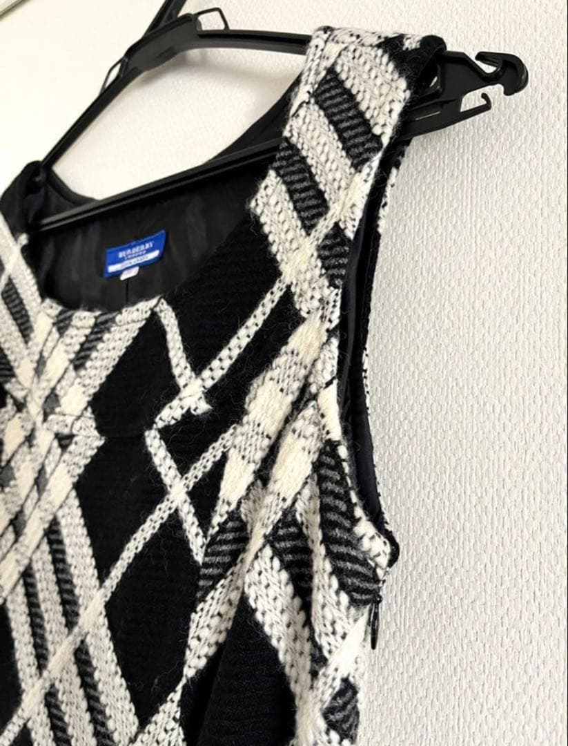 バーバリーブルーレーベル ビッグチェックツイードプリーツワンピース38白黒M