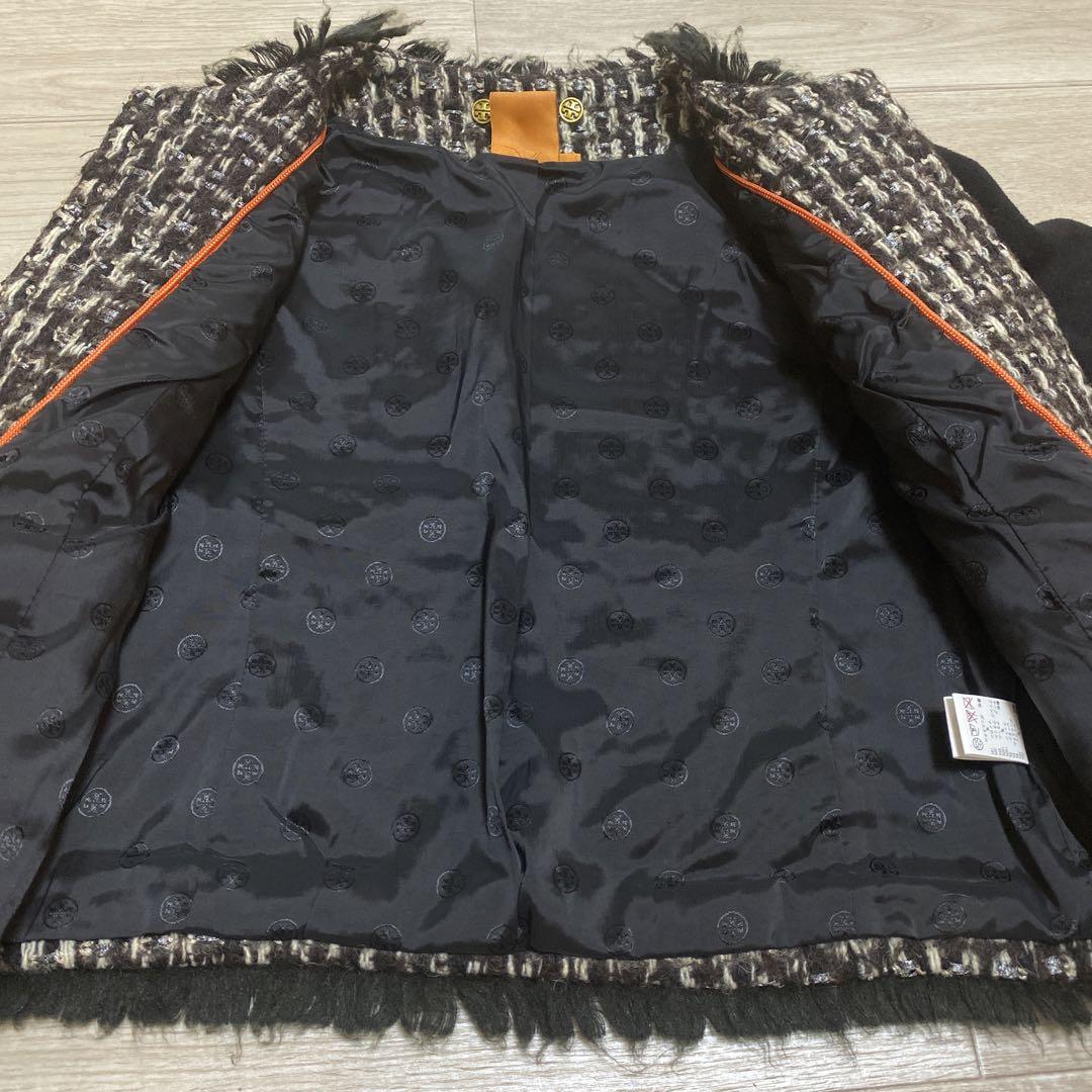 大きいサイズ　トリーバーチ　ツイード　ノーカラージャケット フリンジ　切り替え トリーバーチ ツイード切り替え ノーカラージャケット フリンジ