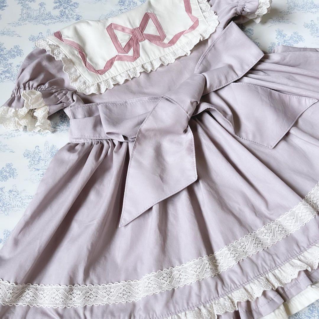 ハンドメイド♡90cmラベンダーフリルたっぷりセーラーワンピースリボン