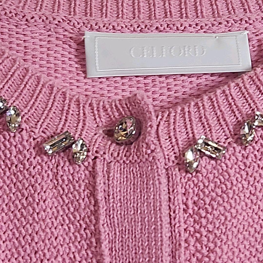 CELFORDピンクパフスリーブ カーディガン CELFORD セルフォード ビジュー付き パフスリーブ カーディガン