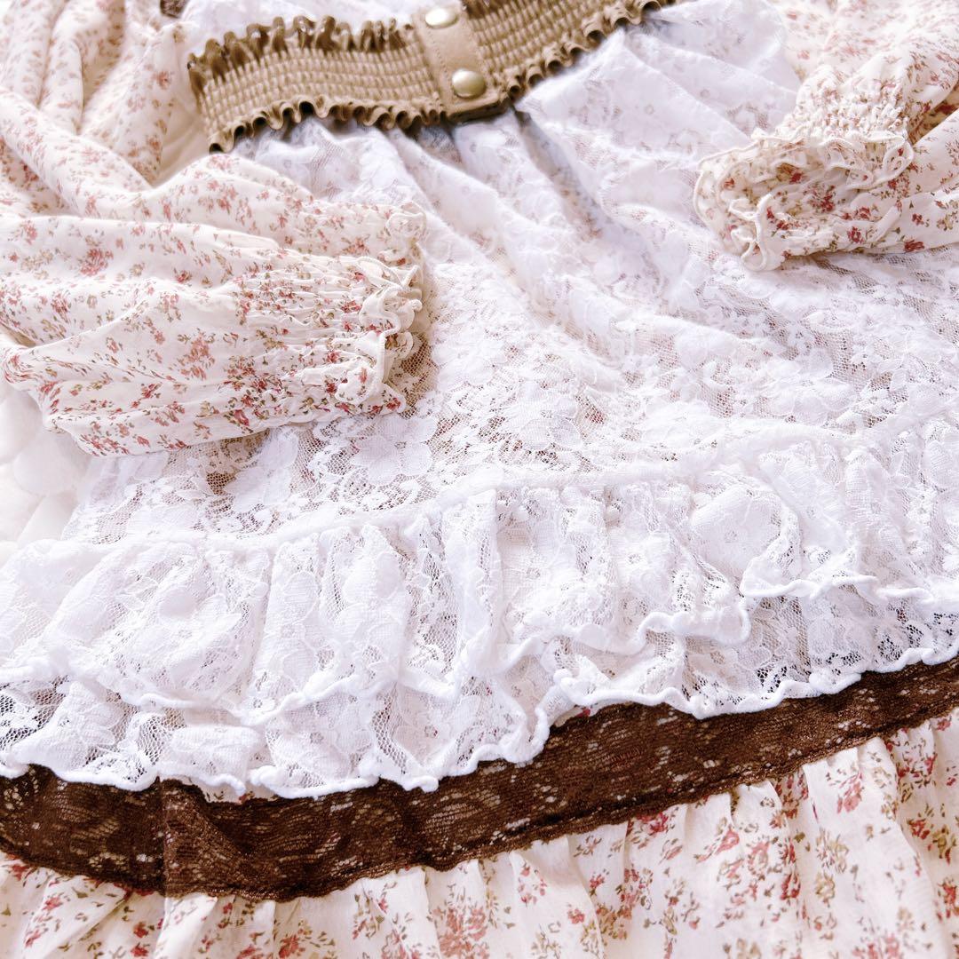 LIZLISA系♡ハシゴレース 小花柄シフォンワンピース アイボリー×ピンク系 LIZLISA系♡ハシゴレース 小花柄シフォンワンピース アイボリー
