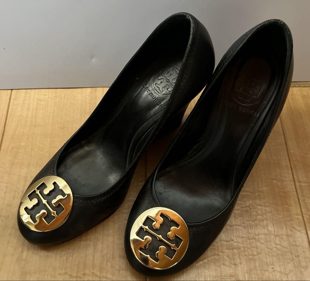 さこさん専用Tory Burch ブラックウェッジヒールパンプス SALLY2 レザー ウェッジソール パンプス ハイヒール ロゴ