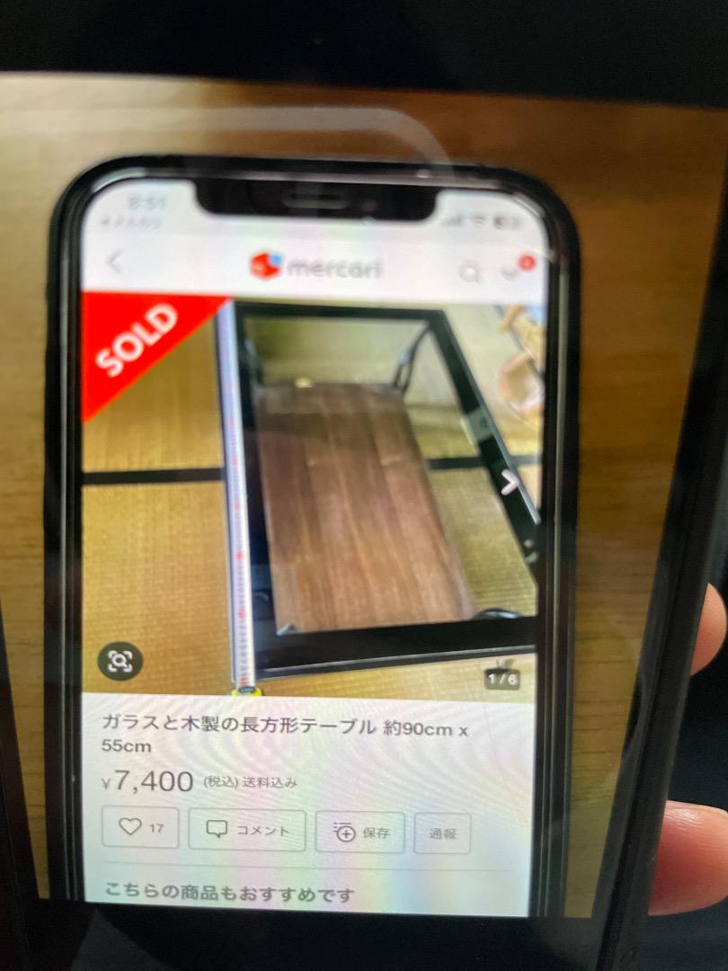 ガラスと木製の長方形テーブル 約90cm×55cm