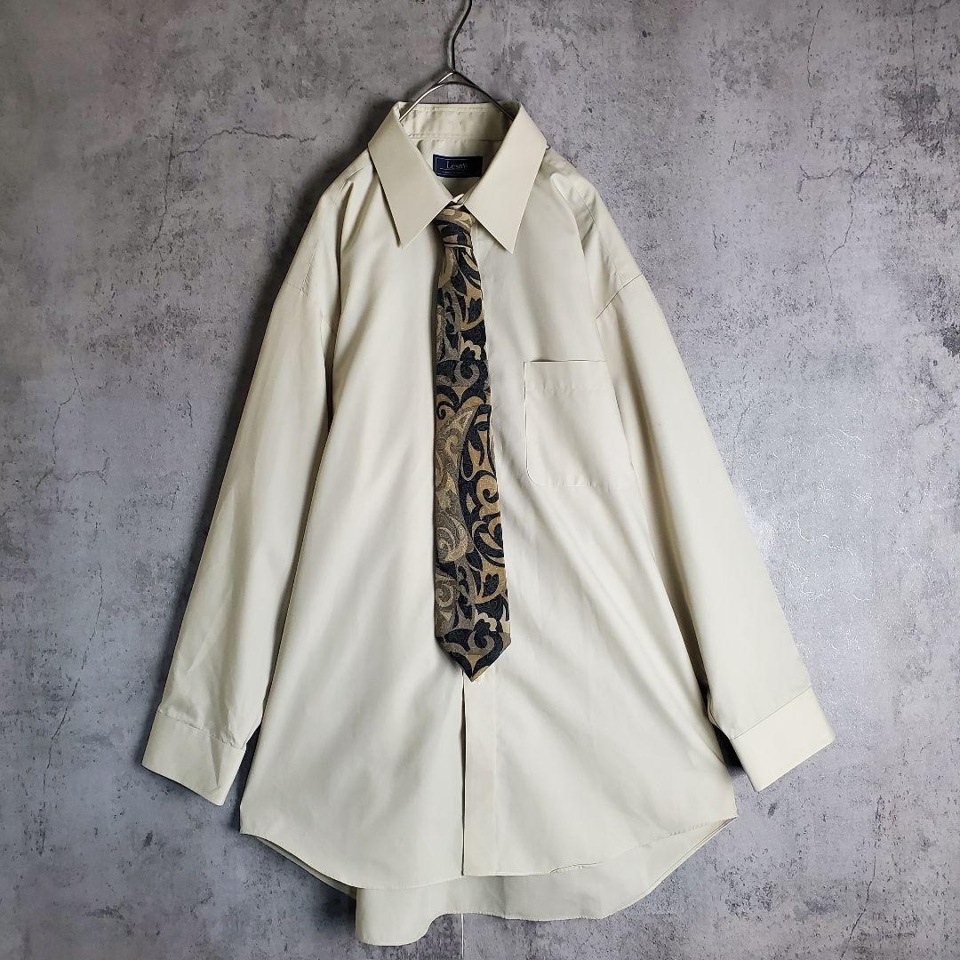 ネクタイシャツ 古着 大きいサイズ スカーフ柄 ベージュ 黒 グレー レトロL VINTAGE