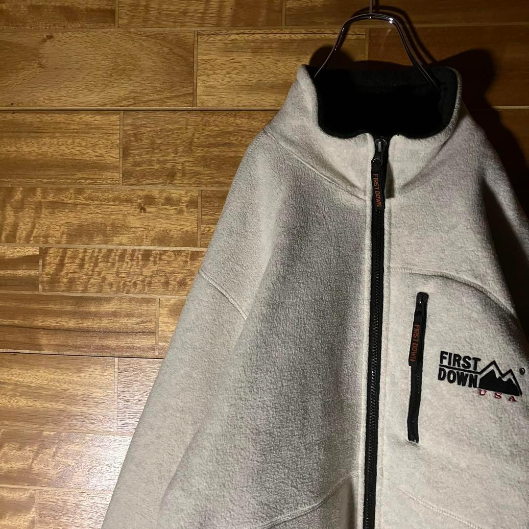 90s ファーストダウン フリースジャケット 白 刺繍ロゴ  ポケット L〜XL
