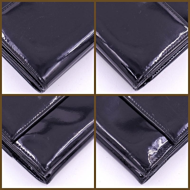 CHANELシャネル三つ折り財布ブラックエナメル 箱シリアルカード付 CHANELシャネル三つ折り財布ブラックエナメル×シルバー 箱