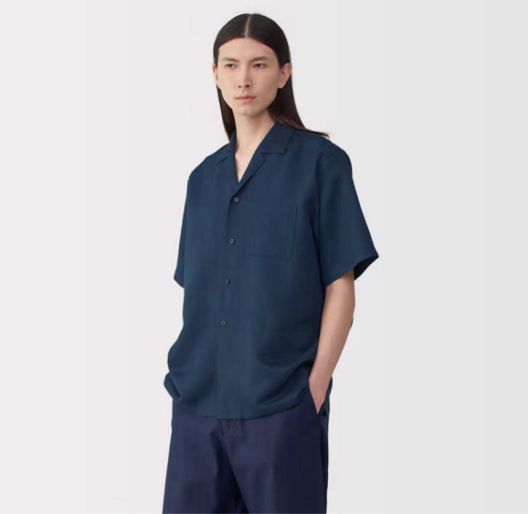 muji labo リネンシルク開襟半袖シャツ ネイビー　Sサイズ 無印