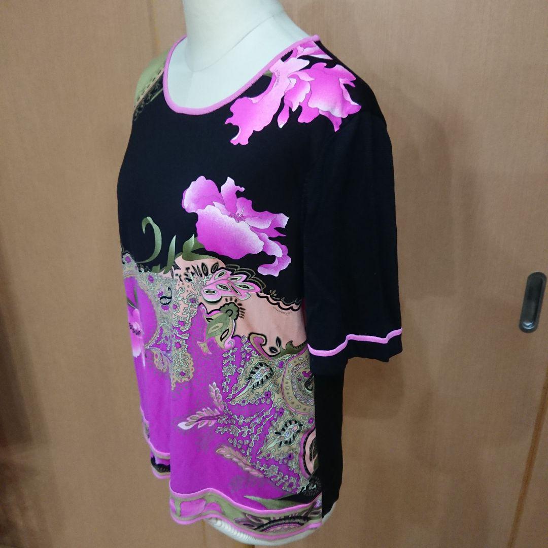 レオナール　花柄 半袖カットソー Tシャツ サイズＬＬ ブラック