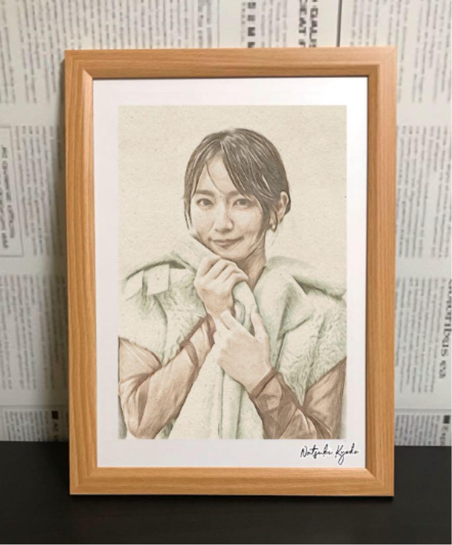 女優画21 額装品　額縁寸法34cm×25cm　ペン画　カラー着色　定款付き