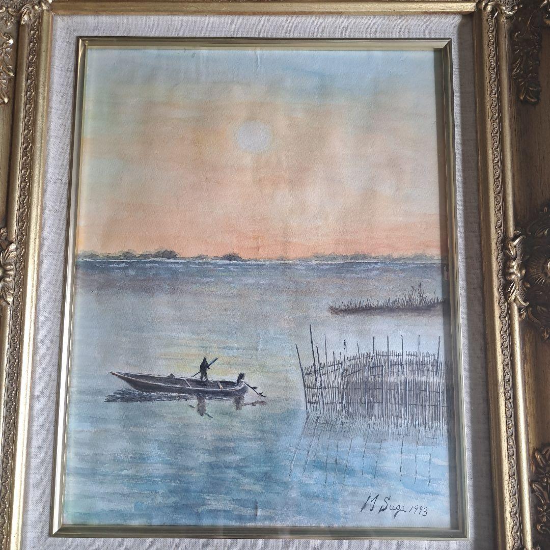 絵画　朝焼け　海辺　豪華な額縁