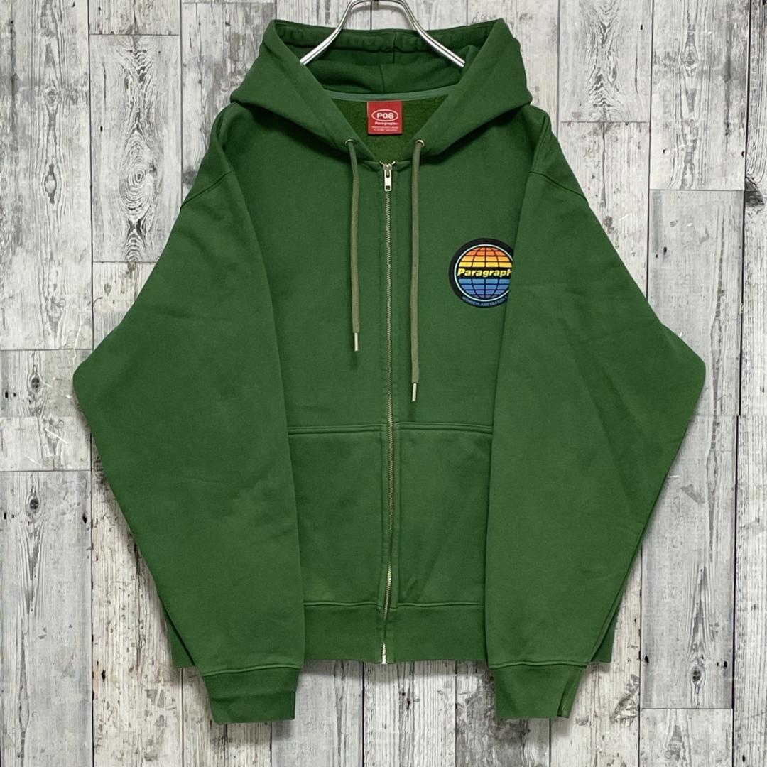 【美品】パラグラフ パーカー アースロゴ ジップアップ ビッグプリント 緑 XL 美品】パラグラフ ビッグプリント アースロゴ 緑 ジップアップ
