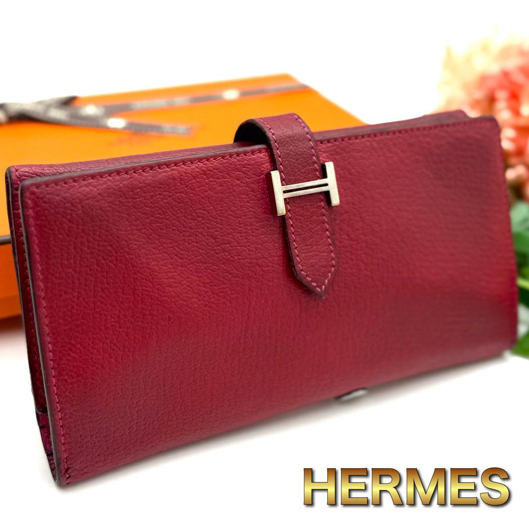 HERMES エルメス べアン デュプリ レッド ピンク 三つ折財布 L46小物