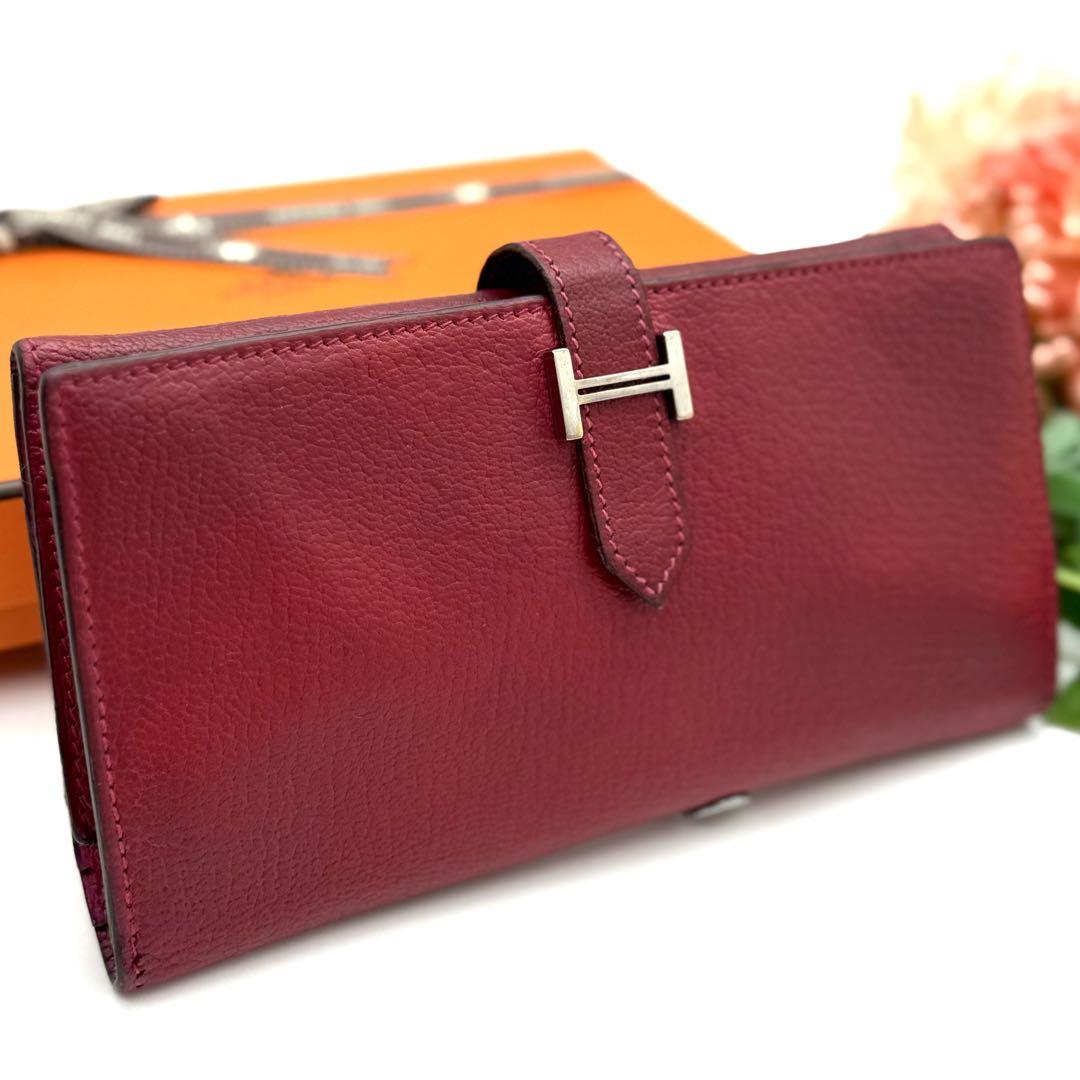 HERMES エルメス べアン デュプリ レッド ピンク 三つ折財布 L46