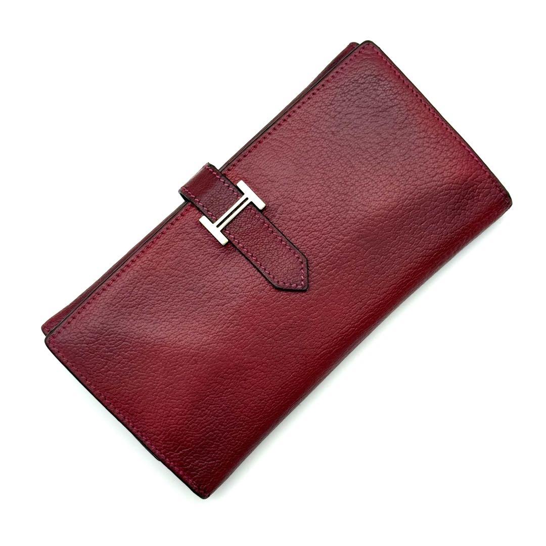 HERMES エルメス べアン デュプリ レッド ピンク 三つ折財布 L46