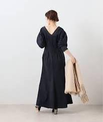 VERMEILpar iena パフスリーブウエストタックワンピース　ネイビー