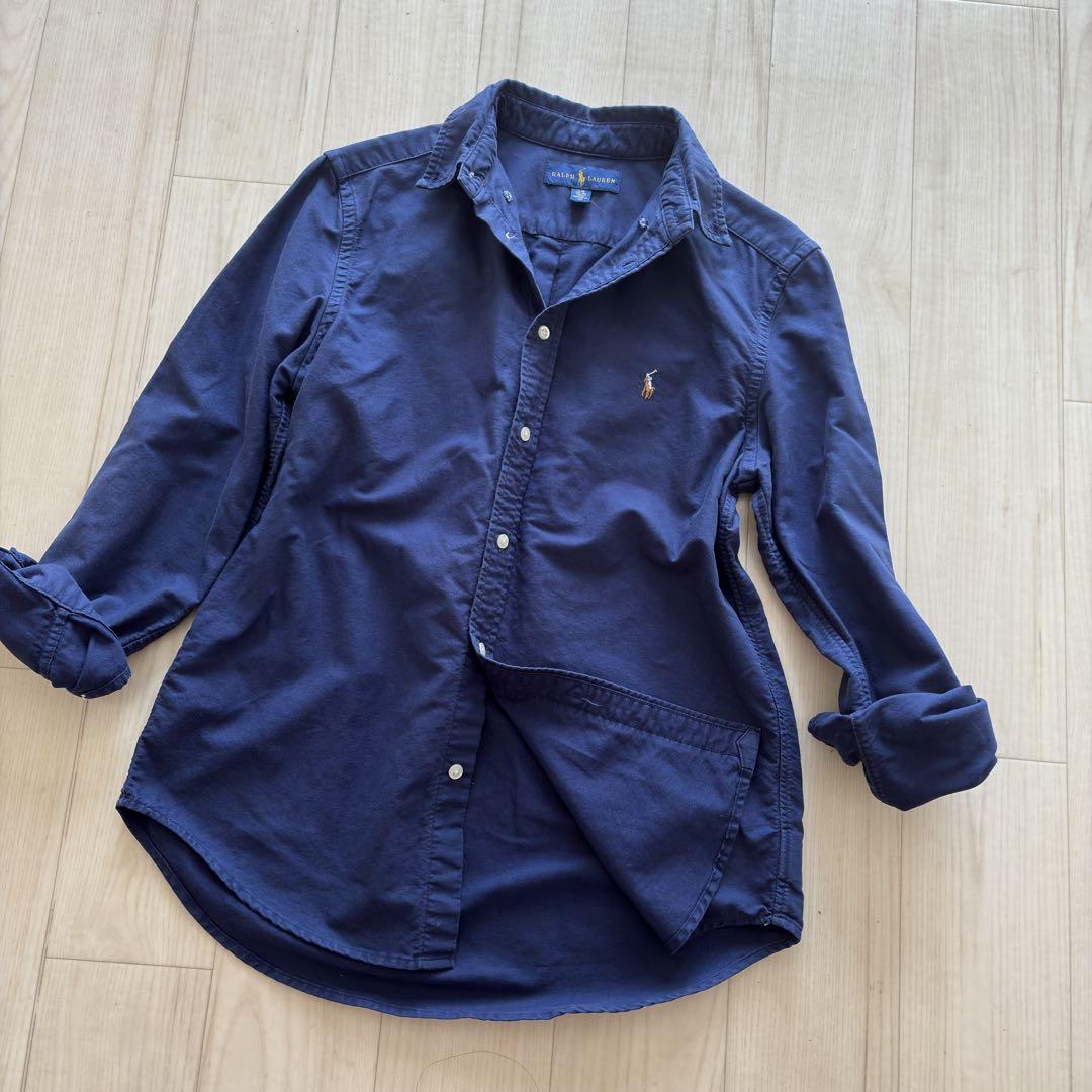 ラルフローレン　リネン100% シャツブラウス　ブルー　ホース刺繍 ラルフローレン リネン100% シャツブラウス ブルー ホース刺繍