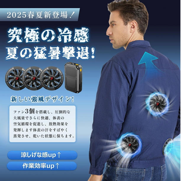 トリプルファン ファン付き作業服 長袖 22V 30000mAhバッテリー付属