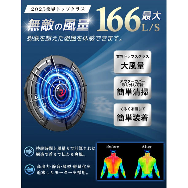 トリプルファン ファン付き作業服 長袖 22V 30000mAhバッテリー付属