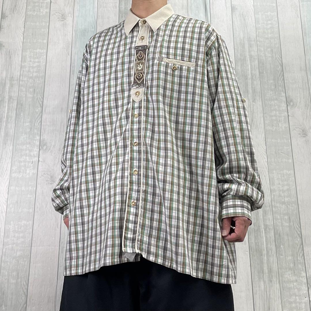 チロルシャツ グリーン系チェック柄 長袖 スエード 装飾 XL