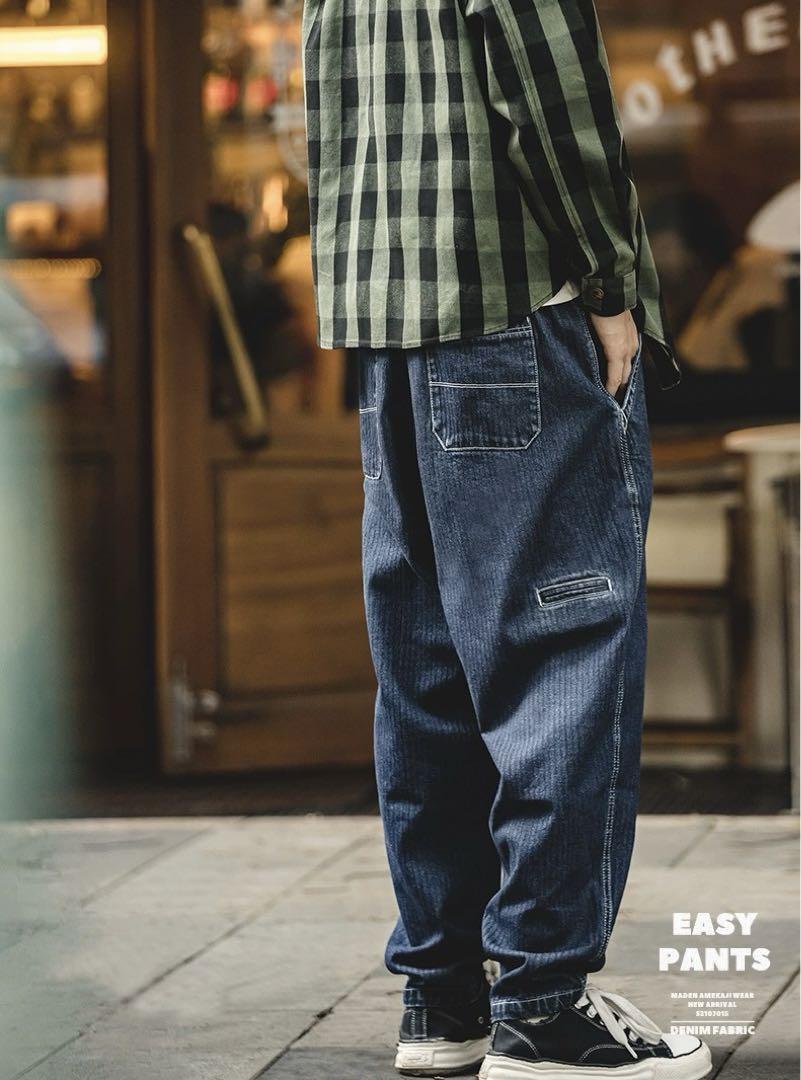 デニムパンツ ワイドテーパードイージーパンツ バイオウオッシュ カジュアルメンズ