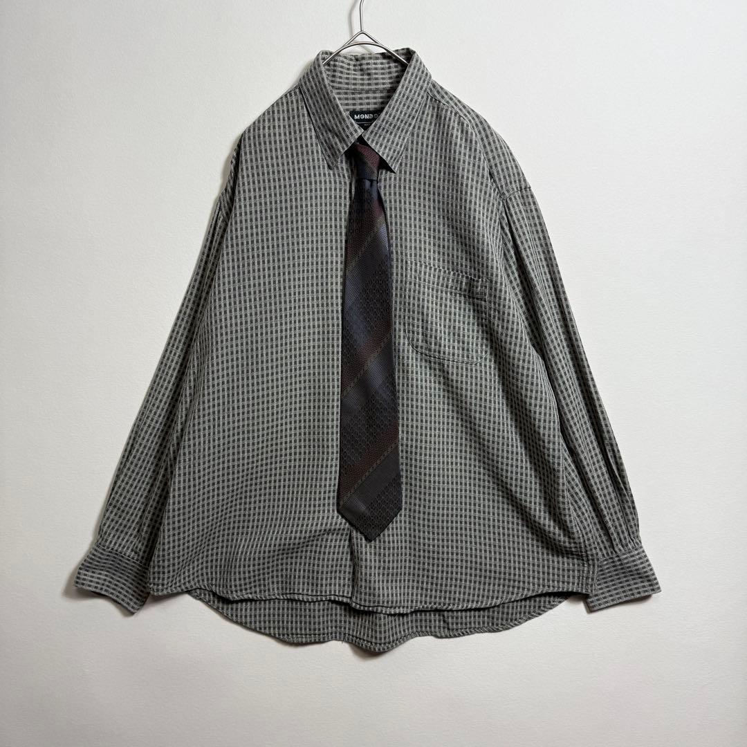 ネクタイシャツ グレー系 チェック 長袖 BD ネクタイ シルク 総柄 古着