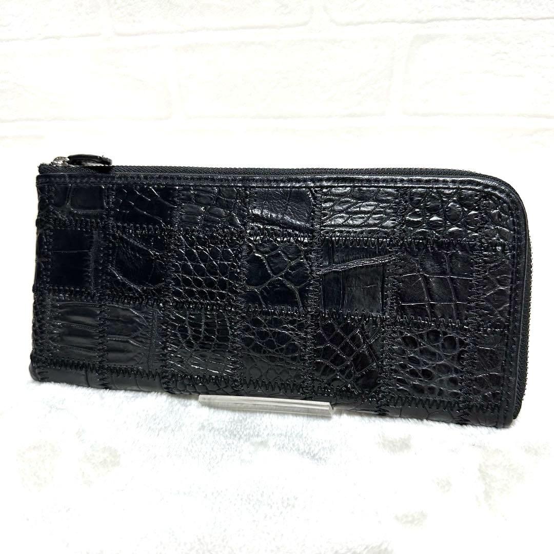 豪華 美品 クロコ 黒 ブラック パッチワークL字ファスナー長財布 小物