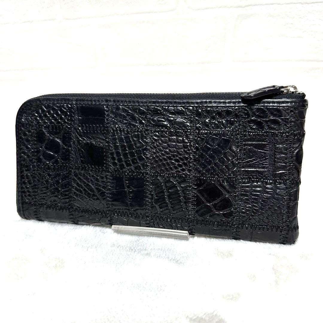 贅沢品 クロコ 美品 パッチワークL字ファスナー長財布 黒 ブラック 小物