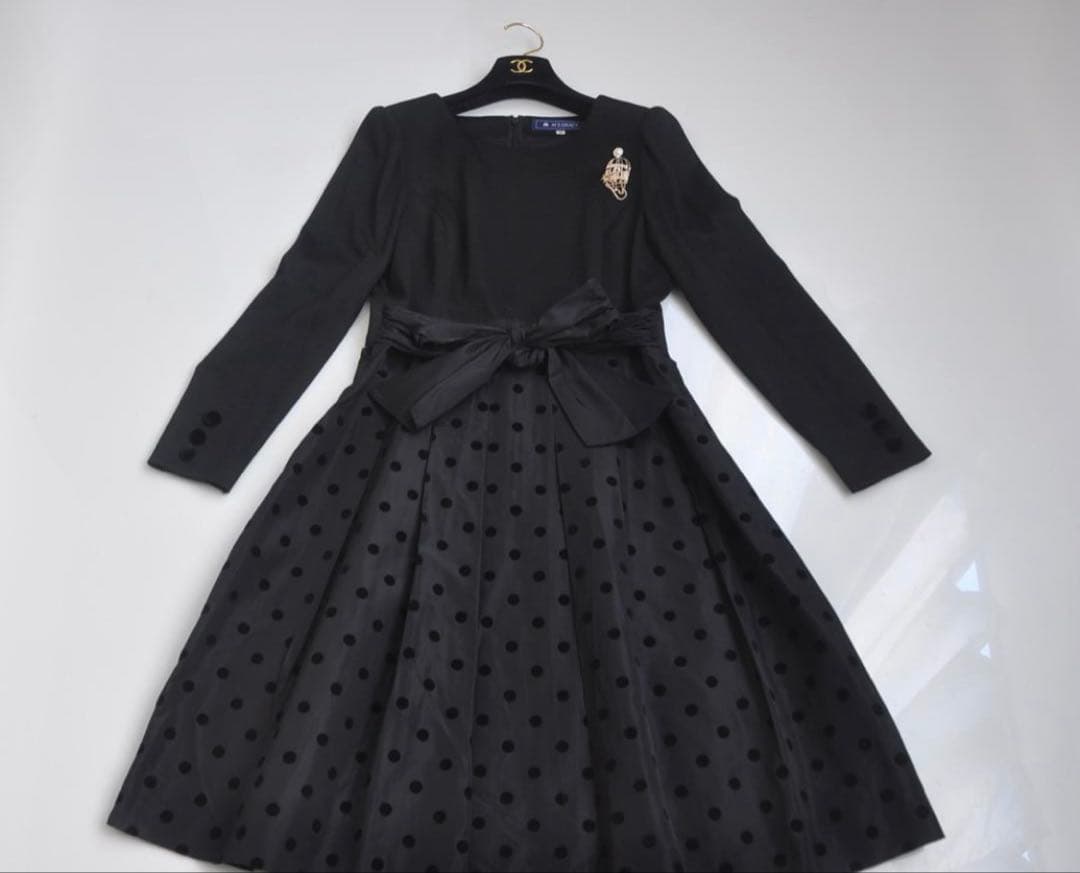 エムズグレイシー ♡ 異素材ドッキングドットスカートワンピース 黒