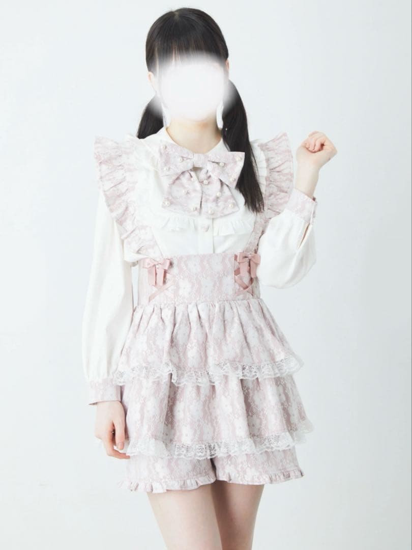 Ank Rougeパールリボンブラウス サス付きティアードスカパンセットアップM・Ank Rouge