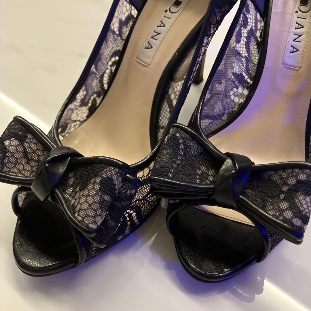 美品✨DIANA レース リボンパンプス 24cm ブラック オープントゥ DIANA ダイアナ オープントゥ レース リボン パンプス 23.5cm