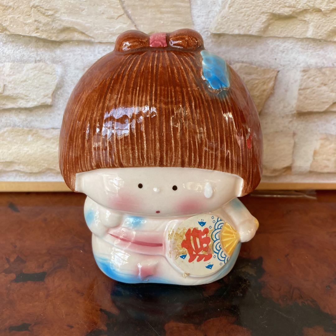 昭和レトロ TOKAI 夏祭り おかっぱ頭 浴衣の女の子貯金箱 陶器