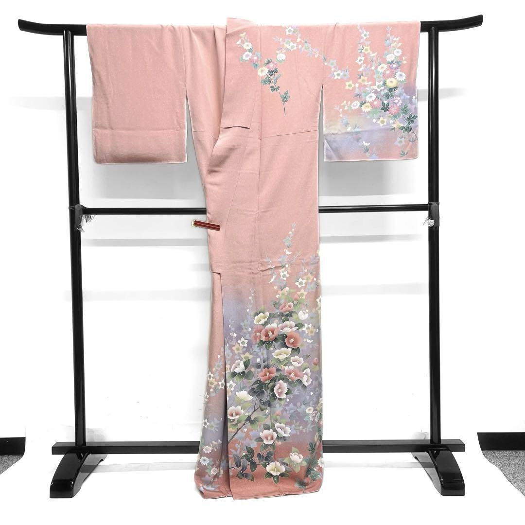 訪問着 京加賀友禅 椿 菊 花模様 たたき染 着物 033a d 着物・浴衣